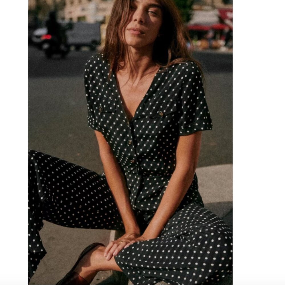 Sezane Black Polka Dot Short Sleeve Jumpsuit